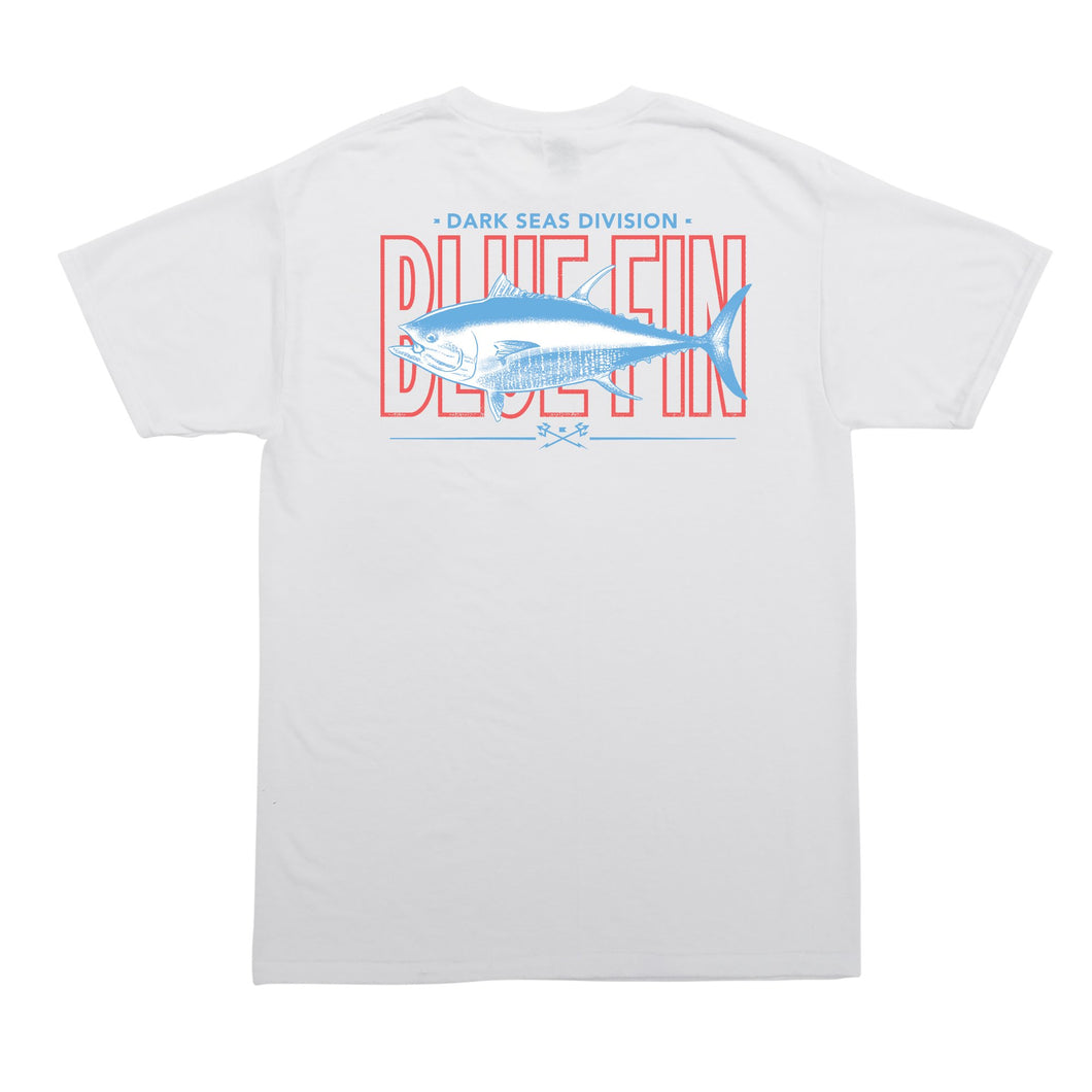 color: white ~ alt: blue fin flag wicking tee