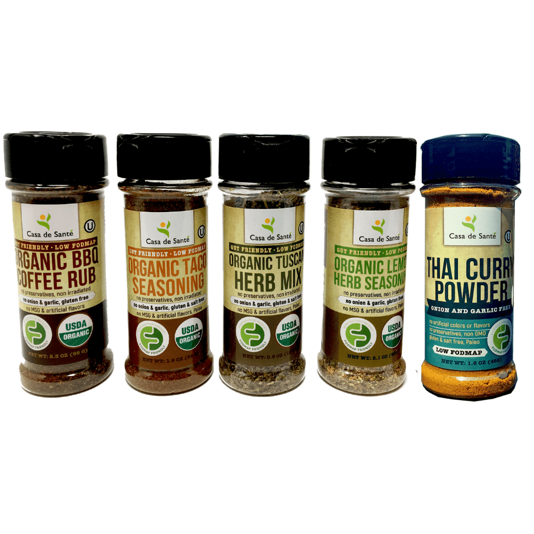 Organic Low FODMAP Spice Mixes, No Onion No Garlic, Gluten Free, No Carb, Keto, Paleo, Kosher, Starter 5 Pack - casa de sante